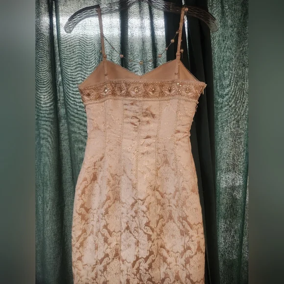 Zara Floor Length Cream/ Gold Dress with Gold Accents and Removable Jewel Accent - Picture 4 of 8